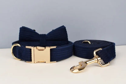 Custom Blue Corduroy Personalised Dog Collar, Matching Dog Bowtie, Dog Leash, H-Style Dog Harness & Dog Poop Bag