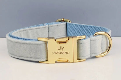 Custom Light Blue Velvet Personalised Dog Collar, Matching Dog Bowtie, Dog Flower, Leash, H-Style Harness & Dog Poop Bag