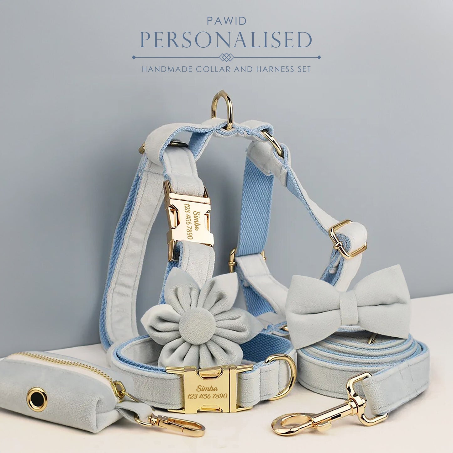 Custom Light Blue Velvet Personalised Dog Collar, Matching Dog Bowtie, Dog Flower, Leash, H-Style Harness & Dog Poop Bag