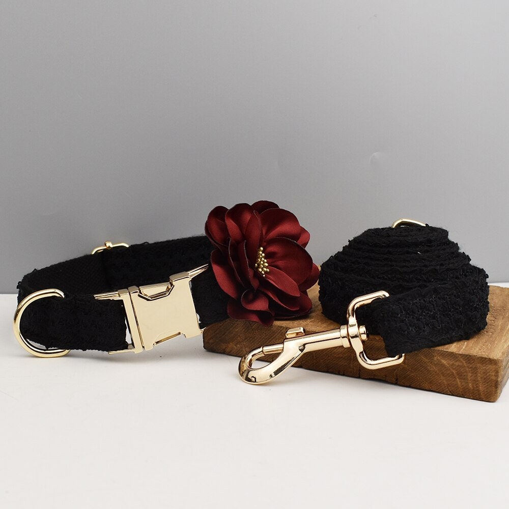Custom Black Lace Personalised Fancy Wedding Dog Collar or Dog Flower, Dog Leash & H-Style Dog Harness for Small Medium Large Dogs