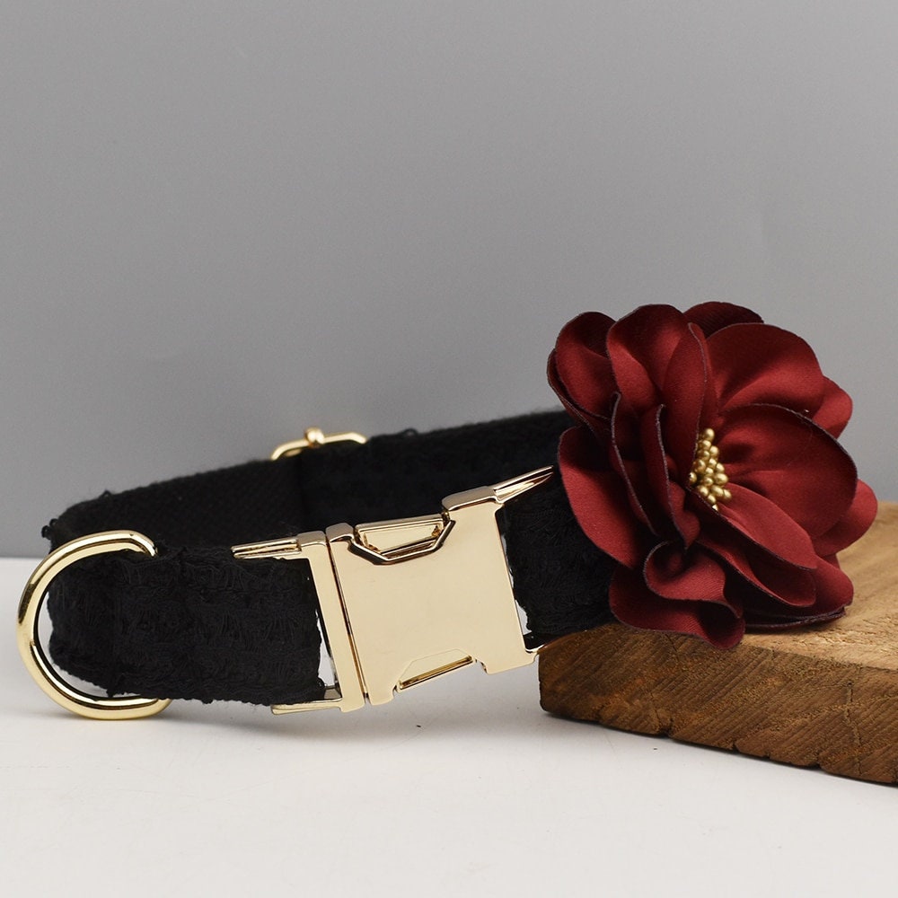 Custom Black Lace Personalized Fancy Wedding Dog Collar or Dog Flower, Dog Leash & H-Style Dog Harness for Small Medium Large Dogs