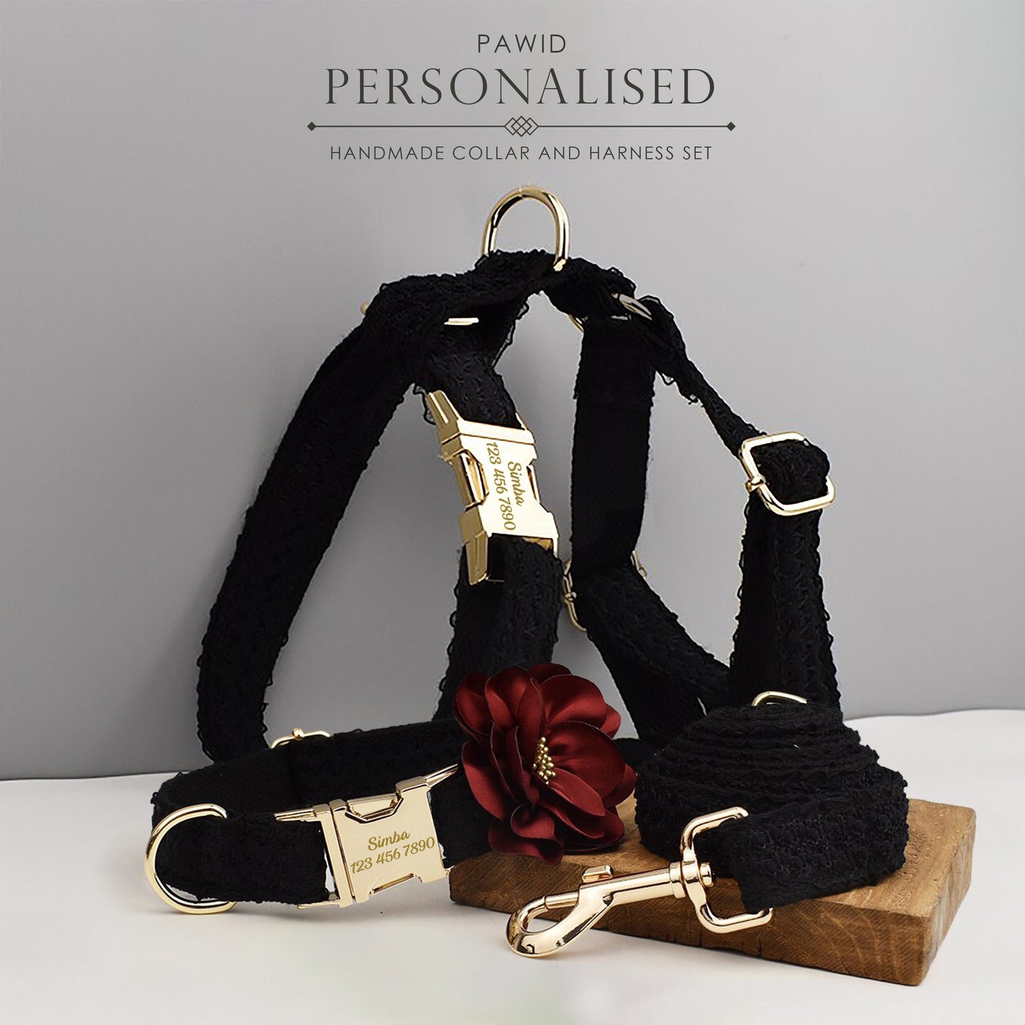 Custom Black Lace Personalised Fancy Wedding Dog Collar or Dog Flower, Dog Leash & H-Style Dog Harness for Small Medium Large Dogs