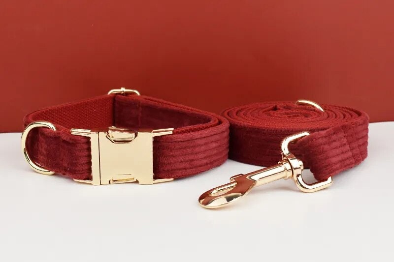 Custom Red Corduroy Personalised Dog Collar, Matching Dog Bowtie, Dog Leash, H-Style Dog Harness & Dog Poop Bag