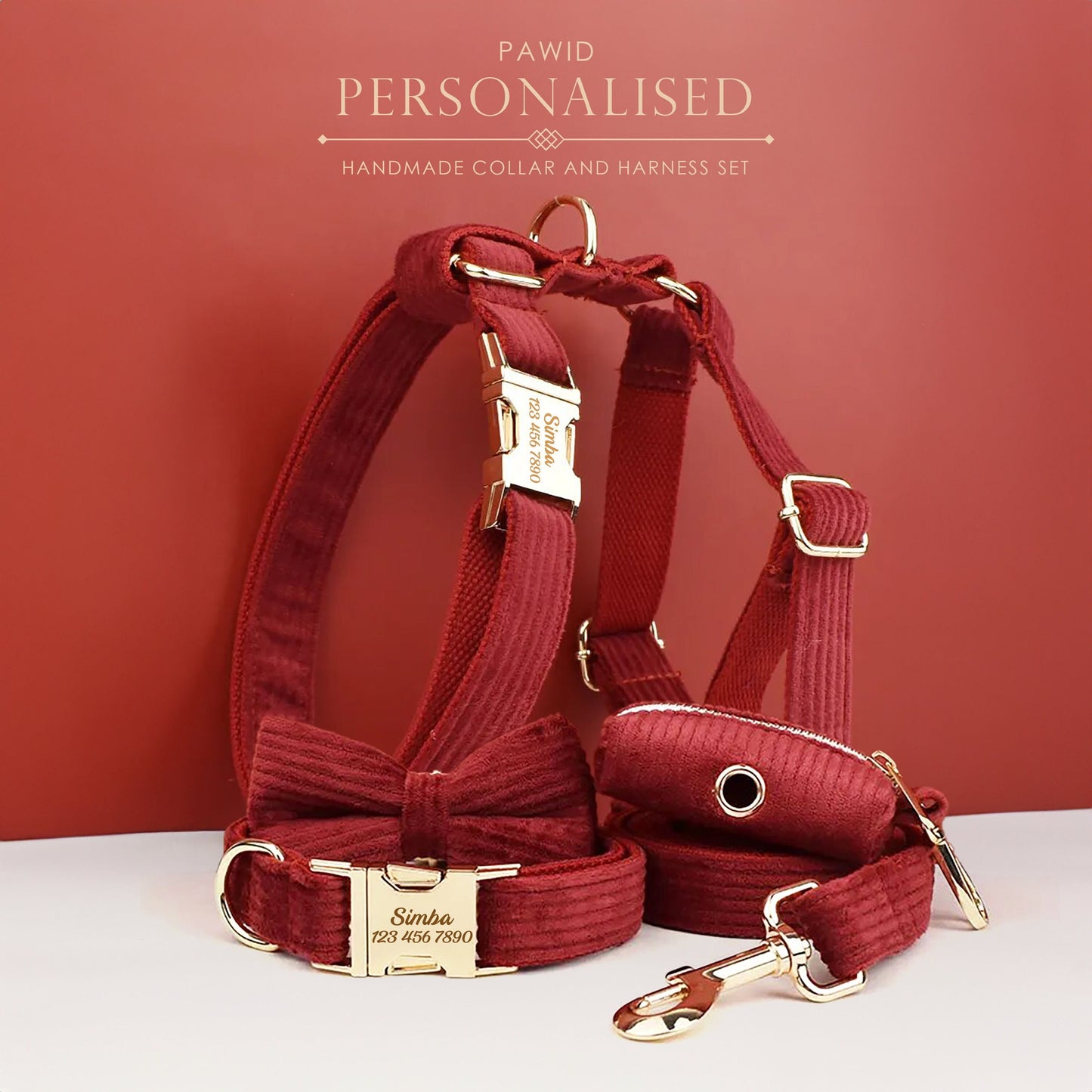 Custom Red Corduroy Personalised Dog Collar, Matching Dog Bowtie, Dog Leash, H-Style Dog Harness & Dog Poop Bag