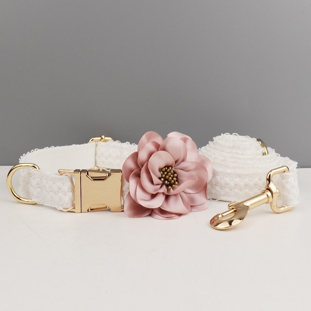 Custom White Lace Personalised Fancy Wedding Dog Collar or Dog Flower, Dog Leash & Roman Dog Harness for Small Medium Large Dogs