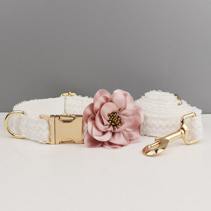 Custom White Lace Personalised Fancy Wedding Dog Collar or Dog Flower, Dog Leash & Roman Dog Harness for Small Medium Large Dogs