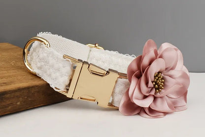 Custom White Lace Personalised Fancy Wedding Dog Collar or Dog Flower, Dog Leash & Roman Dog Harness for Small Medium Large Dogs