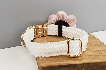 Custom White Lace Personalised Fancy Wedding Dog Collar or Dog Flower, Dog Leash & Roman Dog Harness for Small Medium Large Dogs