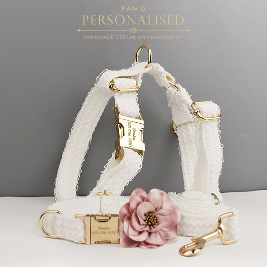 Custom White Lace Personalised Fancy Wedding Dog Collar or Dog Flower, Dog Leash & Roman Dog Harness for Small Medium Large Dogs