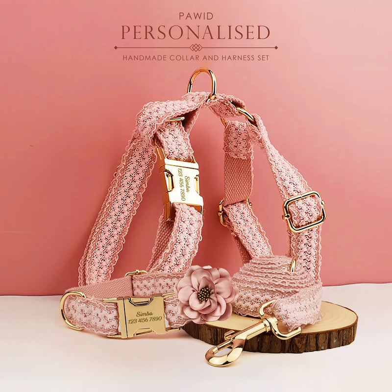 Wedding Dog Collar Custom Pink Lace Flower, Girl Dog Wedding Attire & Personalized Fancy Female Dog Harness Cute for Girl Dog Ring Bearers