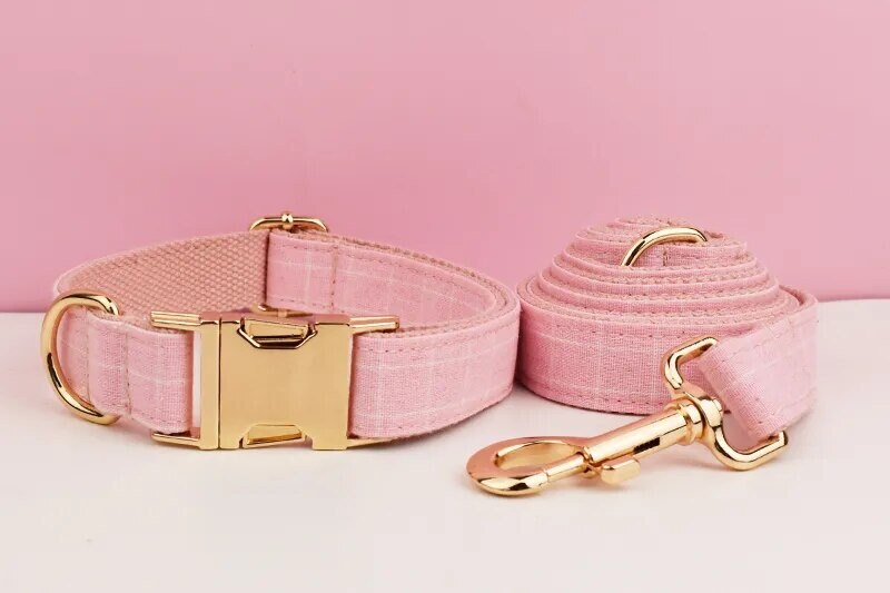 Custom Pink Plaid Personalised Dog Collar, Matching Dog Bowtie, Dog Leash, H-Style Dog Harness