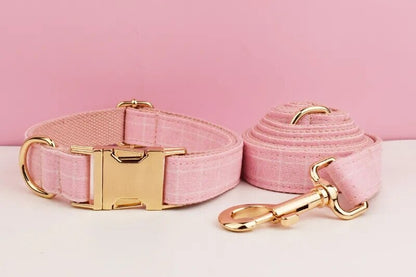 Custom Pink Plaid Personalised Dog Collar, Matching Dog Bowtie, Dog Leash, H-Style Dog Harness