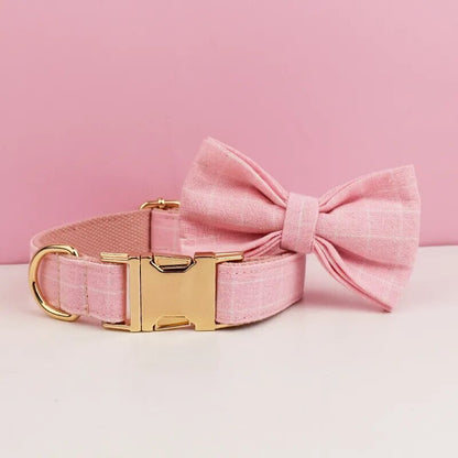 Custom Pink Plaid Personalised Dog Collar, Matching Dog Bowtie, Dog Leash, H-Style Dog Harness