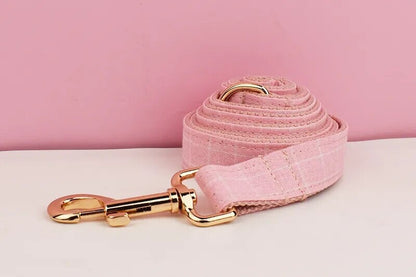 Custom Pink Plaid Personalised Dog Collar, Matching Dog Bowtie, Dog Leash, H-Style Dog Harness