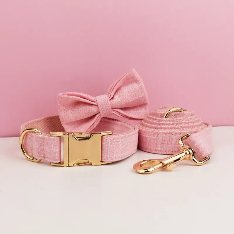 Custom Pink Plaid Personalised Dog Collar, Matching Dog Bowtie, Dog Leash, H-Style Dog Harness