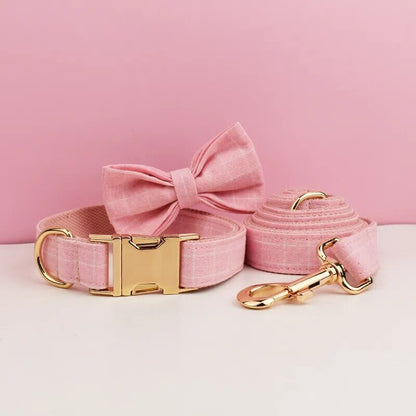Custom Pink Plaid Personalised Dog Collar, Matching Dog Bowtie, Dog Leash, H-Style Dog Harness