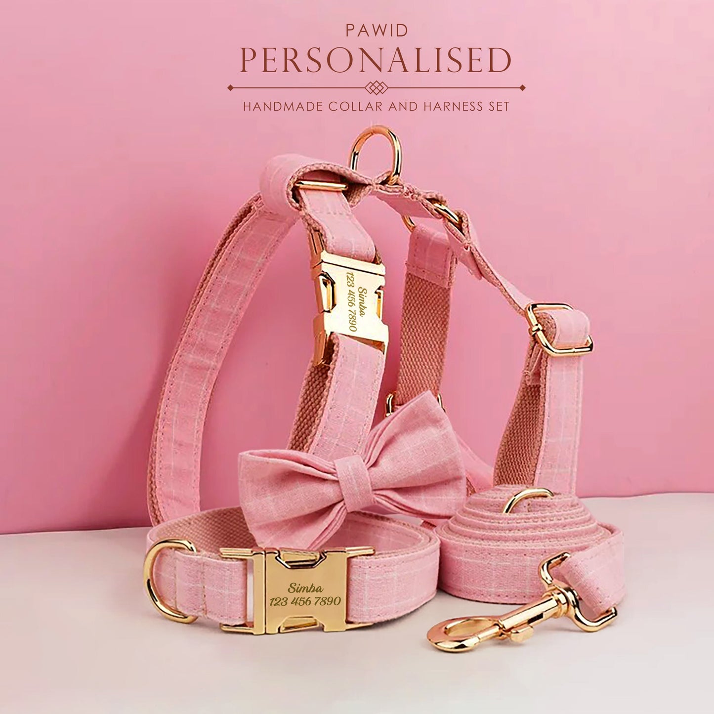 Custom Pink Plaid Personalised Dog Collar, Matching Dog Bowtie, Dog Leash, H-Style Dog Harness