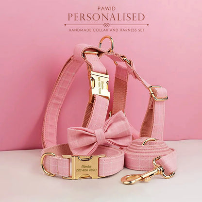 Custom Pink Plaid Personalised Dog Collar, Matching Dog Bowtie, Dog Leash, H-Style Dog Harness