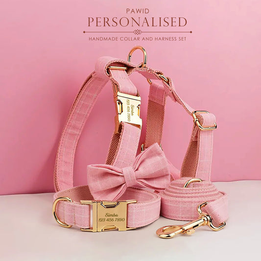 Custom Pink Plaid Personalised Dog Collar, Matching Dog Bowtie, Dog Leash, H-Style Dog Harness