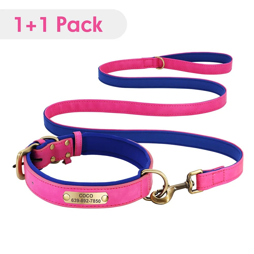 Personalised PU Leather Dog Collar Soft Padded Dog Collar with name plate