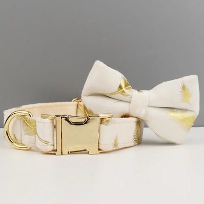 Cream Personalised Dog Harness for Small, Medium, Large Dogs, Cream with Golden Leaves Green Custom Dog Collar, Bow, Flower, Poop Bag Holder