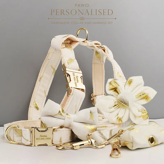 Cream Personalised Dog Harness for Small, Medium, Large Dogs, Cream with Golden Leaves Green Custom Dog Collar, Bow, Flower, Poop Bag Holder