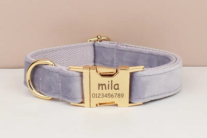 Custom Heather Purple Velvet Personalised Dog Collar, Matching Dog Bowtie, Dog Flower, Leash, H-Style Harness & Poop Bag