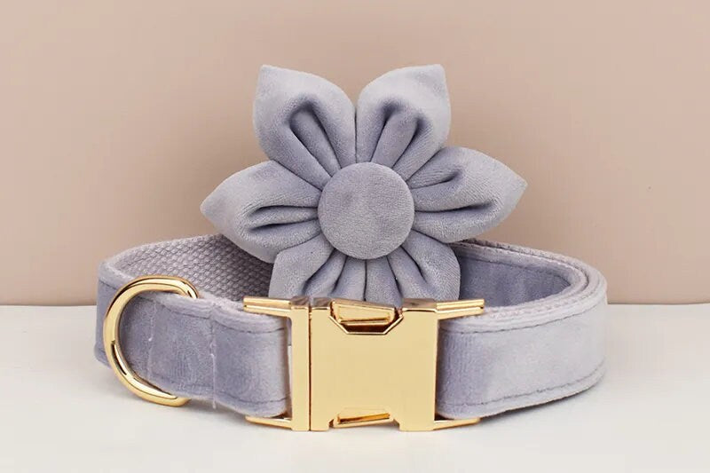 Custom Heather Purple Velvet Personalised Dog Collar, Matching Dog Bowtie, Dog Flower, Leash, H-Style Harness & Poop Bag