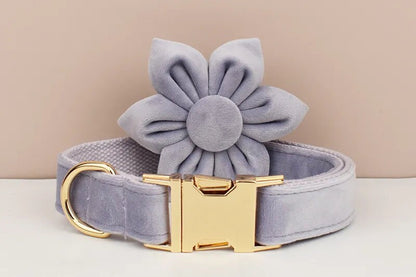 Custom Heather Purple Velvet Personalised Dog Collar, Matching Dog Bowtie, Dog Flower, Leash, H-Style Harness & Poop Bag