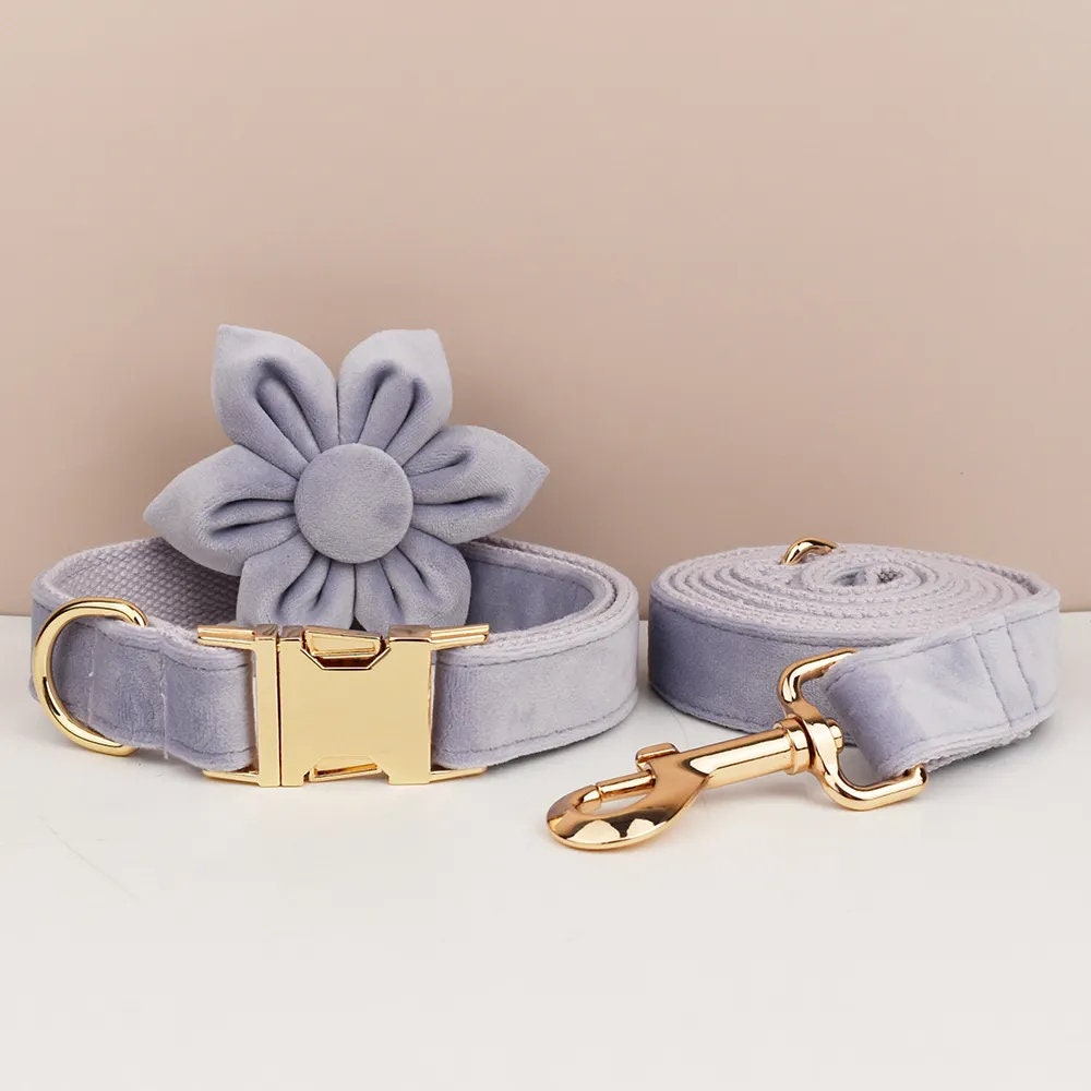 Custom Heather Purple Velvet Personalised Dog Collar, Matching Dog Bowtie, Dog Flower, Leash, H-Style Harness & Poop Bag