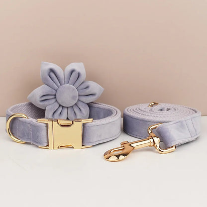 Custom Heather Purple Velvet Personalised Dog Collar, Matching Dog Bowtie, Dog Flower, Leash, H-Style Harness & Poop Bag