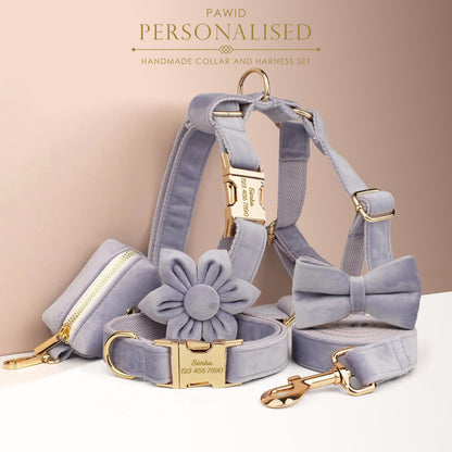 Custom Heather Purple Velvet Personalised Dog Collar, Matching Dog Bowtie, Dog Flower, Leash, H-Style Harness & Poop Bag