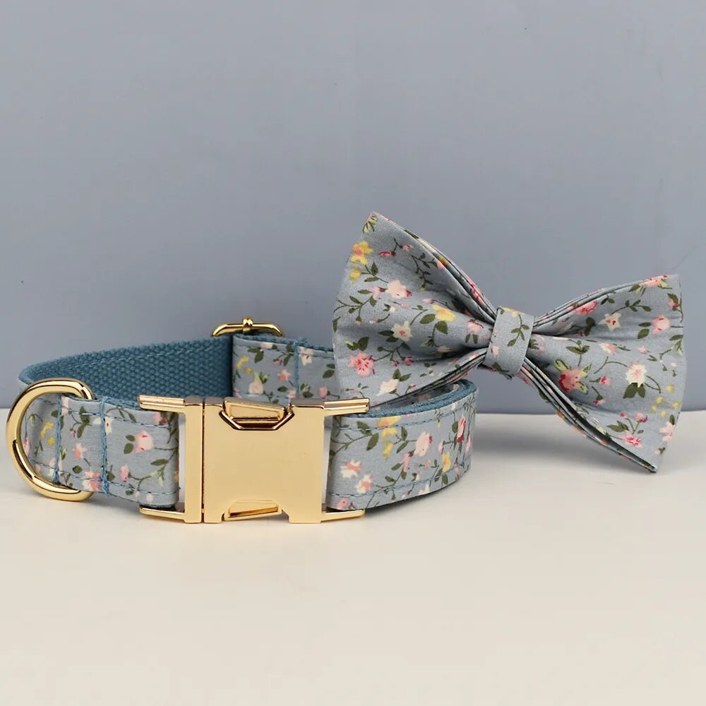 Blue Floral Personalised Dog Harness for Small, Medium, Large Dogs, Haze Blue Floral Custom Dog Collar, Bow, Flower, Poop Bag Holder