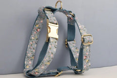 Blue Floral Personalized Dog Harness for Small, Medium, Large Dogs, Haze Blue Floral Custom Dog Collar, Bow, Flower, Poop Bag Holder