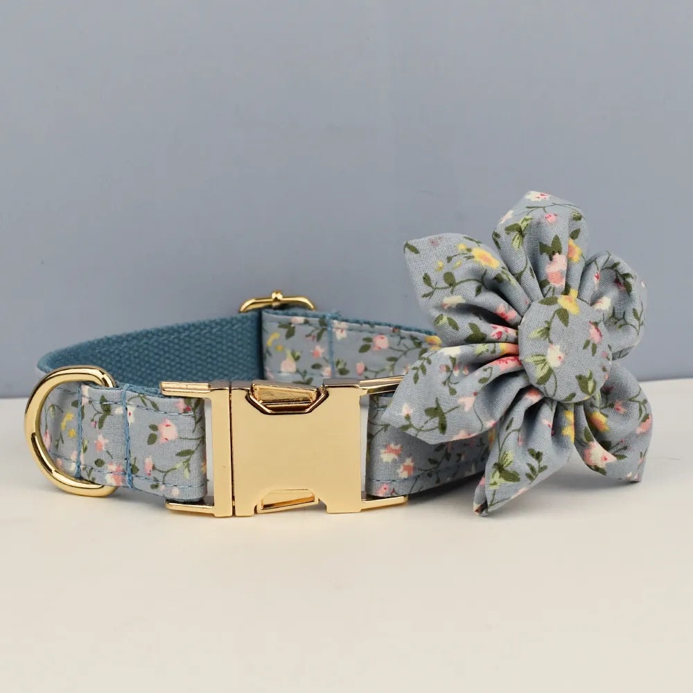 Blue Floral Personalised Dog Harness for Small, Medium, Large Dogs, Haze Blue Floral Custom Dog Collar, Bow, Flower, Poop Bag Holder