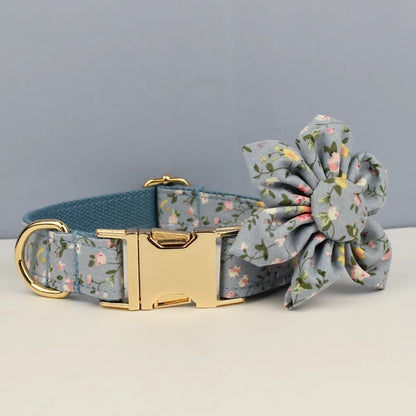 Blue Floral Personalised Dog Harness for Small, Medium, Large Dogs, Haze Blue Floral Custom Dog Collar, Bow, Flower, Poop Bag Holder