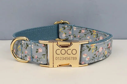 Blue Floral Personalised Dog Harness for Small, Medium, Large Dogs, Haze Blue Floral Custom Dog Collar, Bow, Flower, Poop Bag Holder