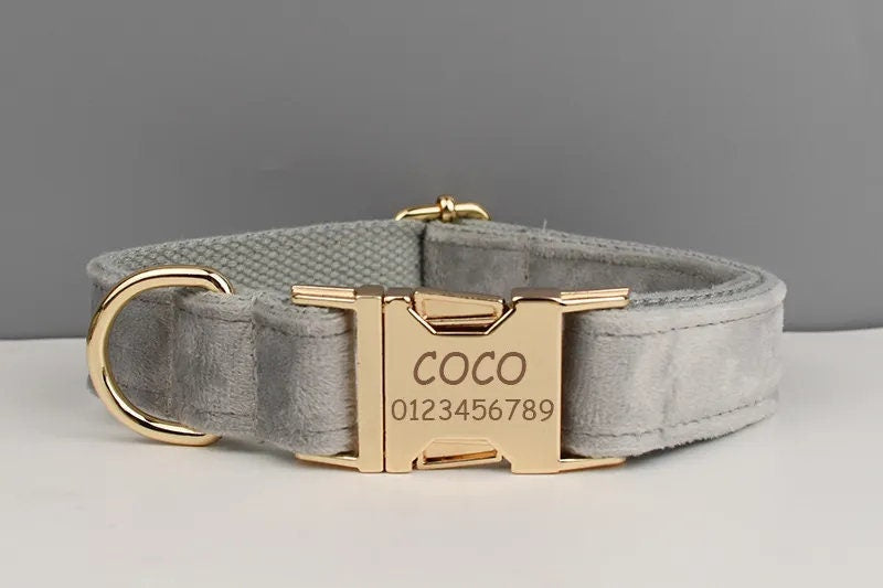 Grey Personalised Dog Harness for Small, Medium, Large Dogs, Grey Velvet Custom Dog Collar, Bow, Flower, Poop Bag Holder
