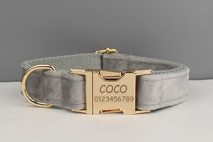 Grey Personalised Dog Harness for Small, Medium, Large Dogs, Grey Velvet Custom Dog Collar, Bow, Flower, Poop Bag Holder