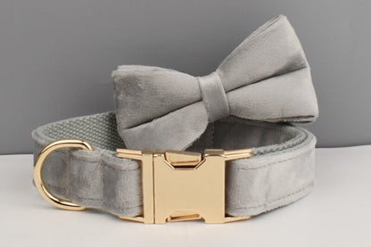 Grey Personalised Dog Harness for Small, Medium, Large Dogs, Grey Velvet Custom Dog Collar, Bow, Flower, Poop Bag Holder