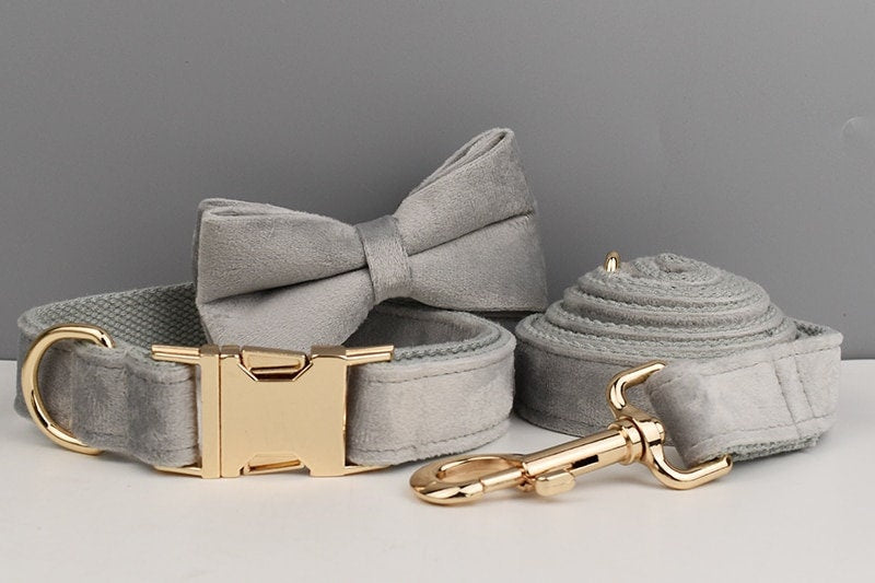 Grey Personalised Dog Harness for Small, Medium, Large Dogs, Grey Velvet Custom Dog Collar, Bow, Flower, Poop Bag Holder