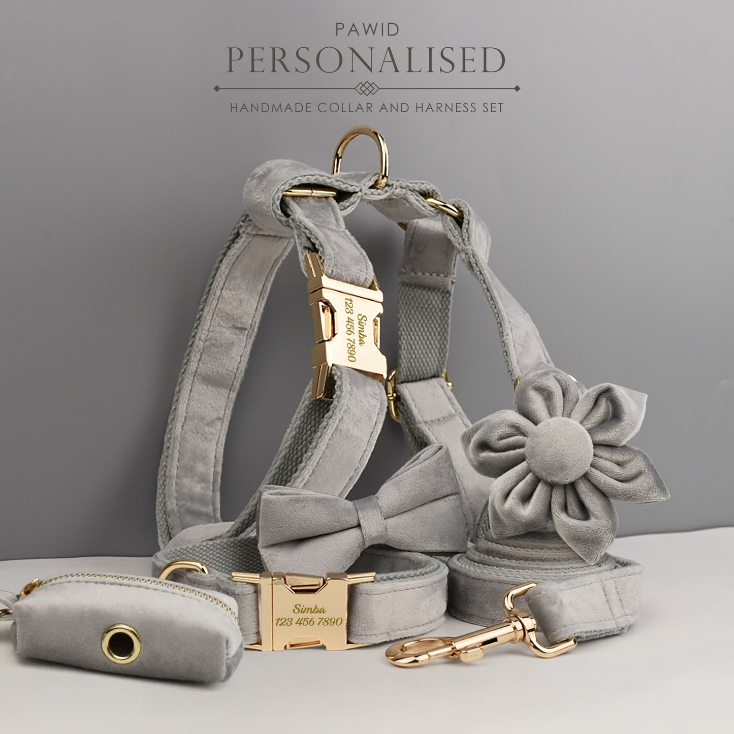 Grey Personalised Dog Harness for Small, Medium, Large Dogs, Grey Velvet Custom Dog Collar, Bow, Flower, Poop Bag Holder