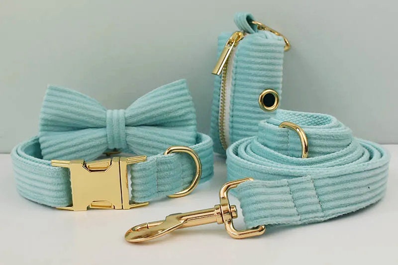 Personalised Lake Green Dog Collar or Checker Pattern, Custom Buckle with Name, for Formal, Wedding, H Harness, Bow, Leash