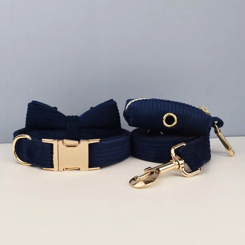 Custom Blue Corduroy Personalised Dog Collar, Matching Dog Bowtie, Dog Leash, H-Style Dog Harness & Dog Poop Bag