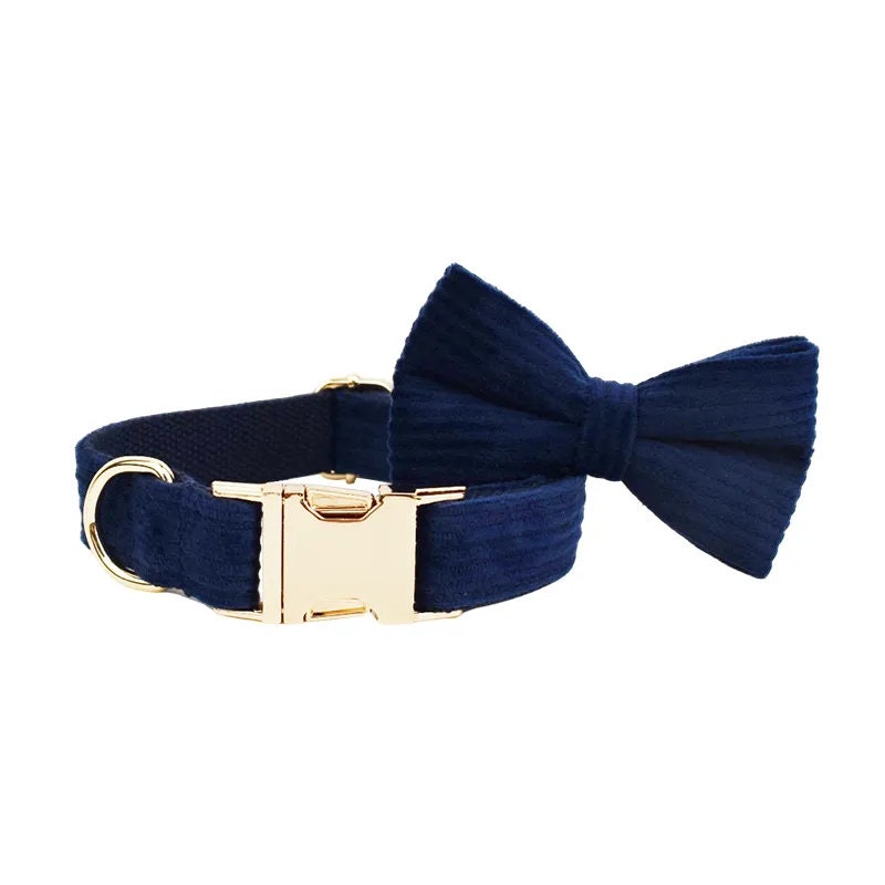 Custom Blue Corduroy Personalised Dog Collar, Matching Dog Bowtie, Dog Leash, H-Style Dog Harness & Dog Poop Bag