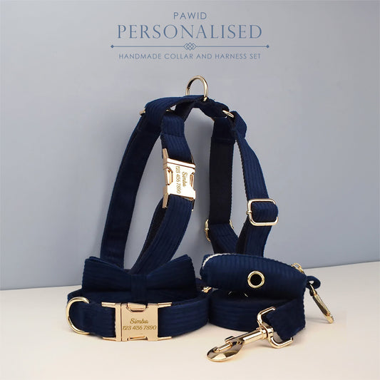 Custom Blue Corduroy Personalised Dog Collar, Matching Dog Bowtie, Dog Leash, H-Style Dog Harness & Dog Poop Bag