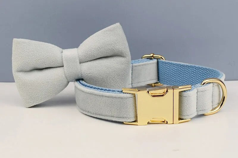 Custom Light Blue Velvet Personalised Dog Collar, Matching Dog Bowtie, Dog Flower, Leash, H-Style Harness & Dog Poop Bag