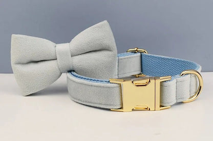 Custom Light Blue Velvet Personalised Dog Collar, Matching Dog Bowtie, Dog Flower, Leash, H-Style Harness & Dog Poop Bag