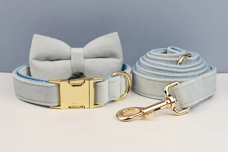 Custom Light Blue Velvet Personalised Dog Collar, Matching Dog Bowtie, Dog Flower, Leash, H-Style Harness & Dog Poop Bag