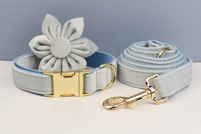 Custom Light Blue Velvet Personalised Dog Collar, Matching Dog Bowtie, Dog Flower, Leash, H-Style Harness & Dog Poop Bag